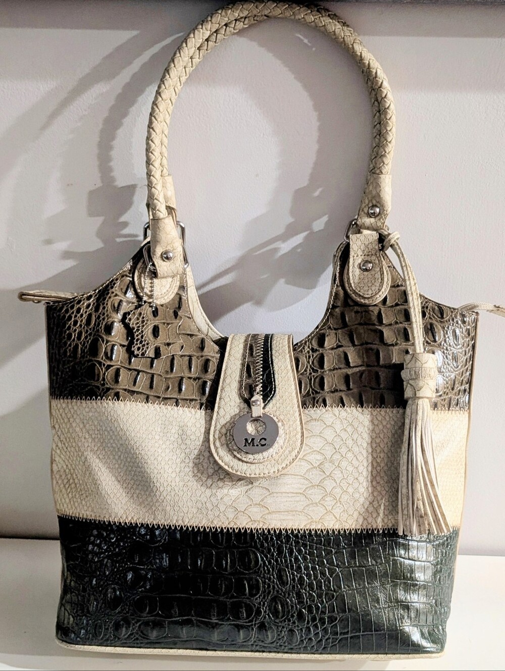 Vintage Snakeskin Print With Croc Accent Real Leather Satchel Shoulder Handbag